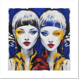 Abstract Girls Colorful Twin Portrait Blue and Red Posters and Art